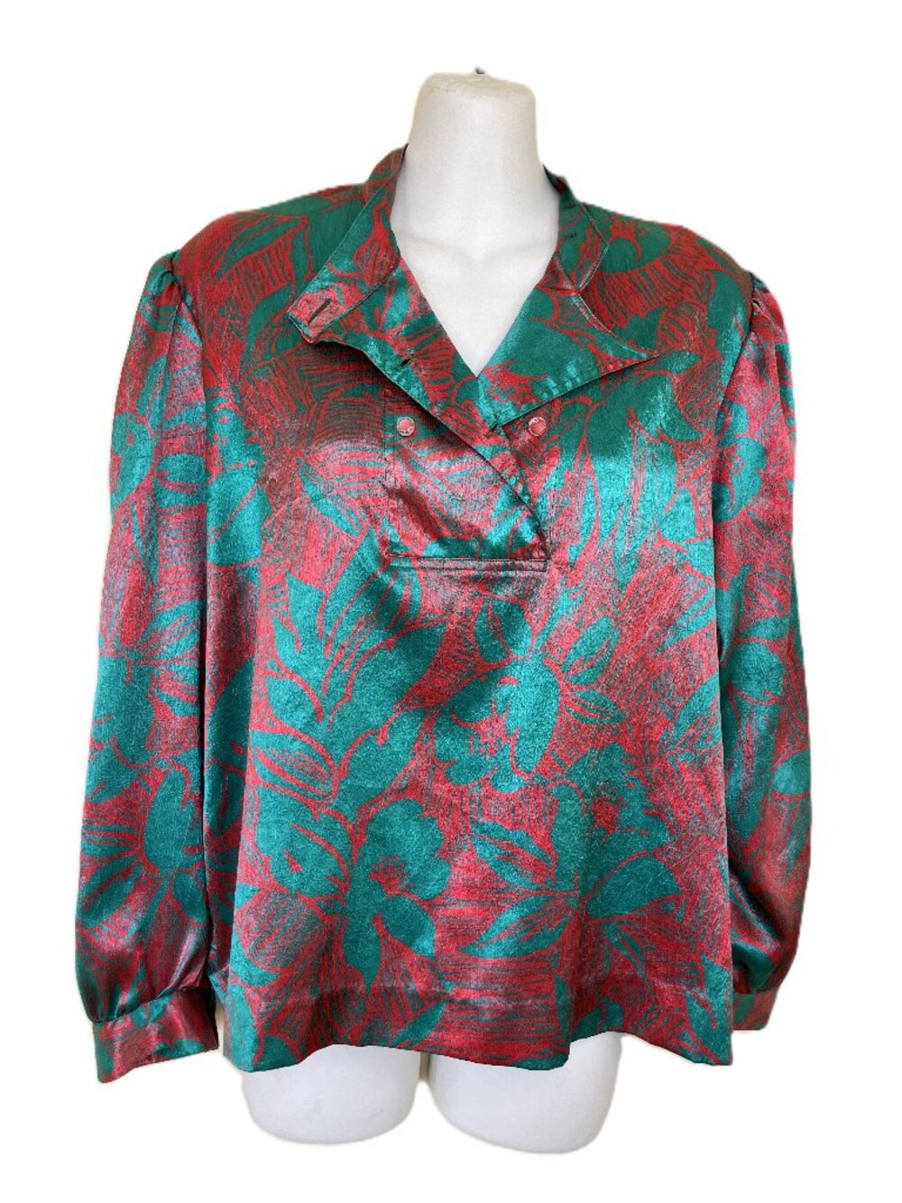 Lucienne Paris Satin Blouse Button Neck Shirt Top Green/Red Floral Vintage 80s